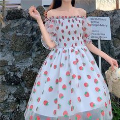 Strawberry embellished Mesh Fairy Dress Soft Girl Cottagecore Fashion Sweet Dresses Casual, Strawberry Print Dress, Women French Style, Chiffon Lace Dress, French Women Style, Strawberry Dress, Style Français, Y2k Dress, Kawaii Dress