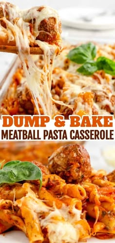 two images showing different types of dump and bake meatball pasta casserole