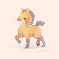 a cartoon horse with a pacifier in it's mouth is standing on the snow