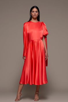 Draped Sleeve midi dress - HerTrove Dress Cape, Drape Sleeves, Jewel Neckline, Pleated Midi Dress, Satin Midi Dress, Sleeve Midi Dress, Bow Design, Midi Dress With Sleeves, Marchesa