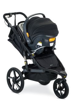 the baby stroller is black and has wheels