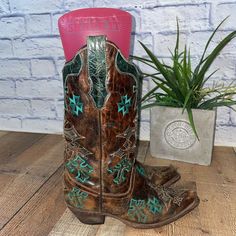 Corral Womens Whiskey Turquoise Blue Cross Brown Embroidered Western Boot 7.5m Pre Owned Good Condition These Do Have Normal Signs Of Wear To Soles And Heels Shown In Pics But Still Plenty Of Life Left In These Boots Please View All Pics For Best Description Blue Cross, Western Boot, Western Boots, Shoes Heels Boots, Turquoise Blue, Blue Brown, Shoes Women Heels, Whiskey, Heeled Boots