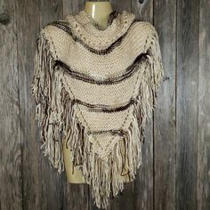 Off White Cream Beige Brown Multi Hand Knitted New Shawl Wrap Scarf Soft & Lightweight Acrylic Yarns Approximately 30" Long At Point In The Back And 46" Wide One Size Fits Most Crafted In A Smoke Free Home By My Mom Wear It Loose, Pin It Up, Wear It Backwards Or Sideways - Have Fun With It Shawl Pin Not Included Hand Wash & Lay Flat To Dry 0815am T3 Bohemian Hand Knitted Shawl, Bohemian Hand-knitted Shawl, One Size Bohemian Knit Knitting Pattern, Cream Knitted Shawl One Size, Cream Knitted One Size Shawl, One Size Cream Knitted Shawl, Bohemian Knitting Pattern With Acrylic Yarn, Hand Knit Shawl, Knitted Shawl