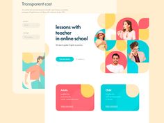 an image of a web page with people in different colors and shapes on it, including the words lessons with teacher in online school