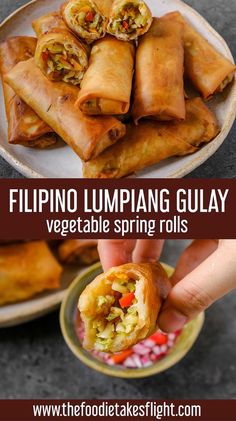 a plate with some food on it and the words, flipping lumping gulay vegetable spring rolls