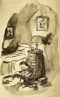 a black and white drawing of a bedroom with a book on the floor next to a bed