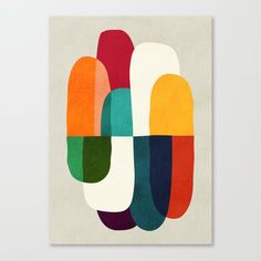 a wall hanging with an abstract painting on it's back and the colors of different shapes