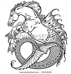 a black and white drawing of a mermaid riding a horse with fish tail tattoos, body art