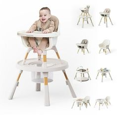 a baby sitting in a high chair surrounded by various chairs and stools, all with the same child's name on it