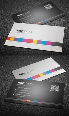 two business cards with different colors on the front and back, one in black and white