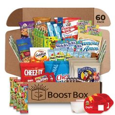 an open box filled with snacks and candy