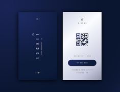 two business cards with qr code on the front and back, both in dark blue