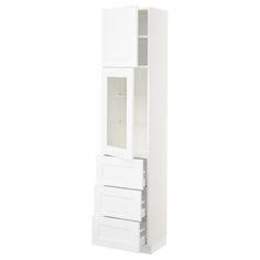 a tall white cabinet with drawers and doors