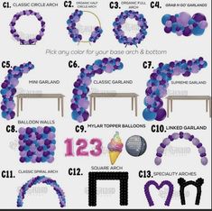 purple and blue balloons are arranged in the shape of an arch, with numbers for each balloon