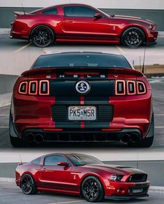 two red mustangs are shown side by side in the same photo, one is black and