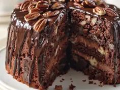 a chocolate cake with pecans on top and one slice cut from the rest of the cake