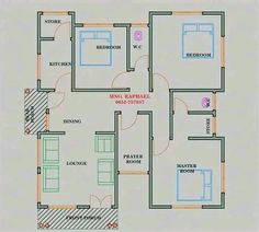 three bedroom house plan with two bathrooms and one living room in the same floor area