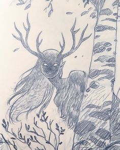 a drawing of a deer in the woods with its head on a tree branch and another animal behind it