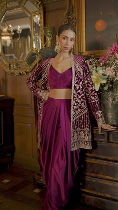 Magenta Embroidered Velvet Suit With Jacket – Lashkaraa Festival Party Nehru Jacket With Dupatta, Embroidered Front Open Lehenga For Festive Occasions, Festive Embroidered Front Open Lehenga, Elegant Front Open Embroidered Choli, Elegant Embroidered Front Open Choli, Velvet Traditional Wear With Resham Embroidery For Party, Traditional Front Open Choli With Intricate Embroidery, Elegant Front Open Choli With Intricate Embroidery, Traditional Front Open Embellished Sets