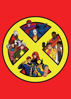 the x - men logo in front of a red background with yellow and blue colors