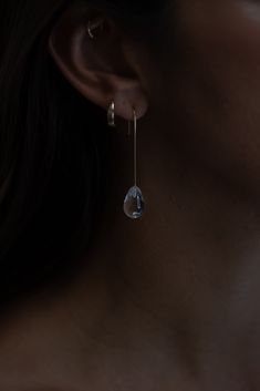 Clear quartz droplet and 14kGF earring. Optional petal extension. Bend the petals to your desired look. (open and floaty or closed tulip-esqe. Formal Single Teardrop Earring, Elegant Faceted Teardrop Earrings, Modern Faceted Drop Jewelry, Modern Teardrop Faceted Earrings, Modern Faceted Teardrop Earrings, Modern Clear Teardrop Jewelry, Modern Long Drop Earrings With Matching Set, Modern Clear Drop Jewelry, Delicate Teardrop Earrings For Formal Occasions