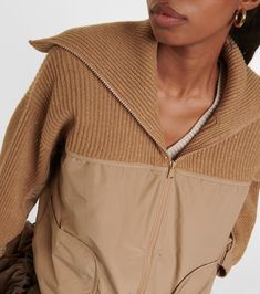 Paneled cashmere and wool-blend jacket  in brown - Brunello Cucinelli | Mytheresa Winter Nylon Outerwear With Ribbed Collar, Fitted Brown Merino Wool Outerwear, Beige Wool Cardigan With Ribbed Cuffs, Beige Wool Sweater With Pockets, Winter Beige Half-zip Sweater, Casual Wool Half-zip Outerwear, Hooded Outerwear With Ribbed Collar For Fall, Beige Half-zip Winter Sweater, Merino Wool Long Sleeve Outerwear For Cold Weather