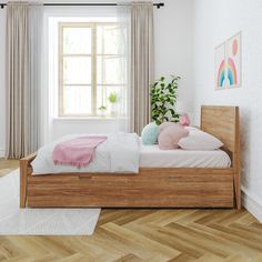 a bedroom with white walls and wood floors, an open window on the far wall