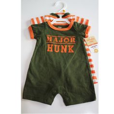 New With Tags Carter's One-Piece Romper Set Orange And Army Green Major Hunk 100% Cotton Baby Boy Size Newborn This One Piece Short Sleeve Shorts Romper Set Includes Two Rompers. One Is Military Green And The Other One Is Orange And White Stripe With An Army Jeep. The Set Is New With Tags. Green Summer Onesie For Playtime, Toddler Boy Romper, Reindeer Pajamas, Tropical Fruit Baby Boy Summer Clothes, Baby Girl Sleepers, Dinosaur Outfit, Green Cotton Short-sleeve Onesie, Boy 12 Month Pajamas, Trucks Print