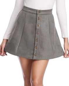 fuinloth Women's Faux Suede Skirt Button Closure A-Line High Wasit Mini Short Skirt 2020 Gray  Mini skirt outfit | Short skirt outfit I get commissions for purchases made through links in this post. #ad  Mini Skirt Outfit Off Shoulder Shirt, A Line Shorts, Shoulder Shirts