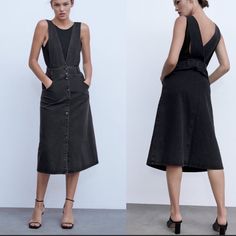 Nwt Zara Black Denim Midi Pinafore Button Down Dress Size S Zara Pinafore Dress, Short Satin Dress, Sleeveless Cotton Dress, Denim Pinafore, White Bridal Dresses, Usa Dresses, Ribbed Knit Dress, Floral Print Maxi Dress, Tie Dye Dress