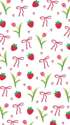 strawberries and tulips with hearts on a white background seamless wallpaper