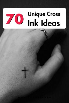 a person's hand with a small cross tattoo on it and the words, unique cross ink ideas