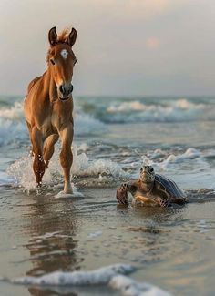 a horse running on the beach next to a turtle