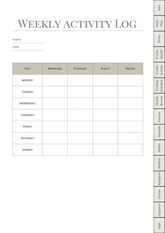 the weekly activity log is shown in this printable form, and includes several tasks