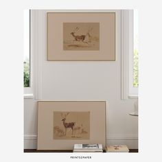 two framed deer pictures hang on the wall next to each other in front of a window