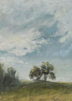 an oil painting of two trees in a field