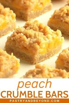 peach bars with crumb toppings on a white plate