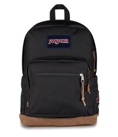 a black backpack with brown straps and the words jansport on it's front pocket