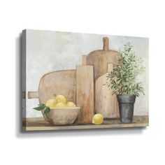 a painting of lemons and bottles on a table with a potted plant next to it