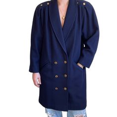 Vintage Womens J Gallery 80s Navy Blue Double Breasted Retro Trench Coat Sz M Will best fit a size M depending on desired drape  100% wool exterior  Fully lined  Color: navy blue  Double breasted  Button front  Gold colored hardware  Collar to hem: 41"  Pit to pit: 21"  Sleeve: 23"  Modeled on a medium/size 6/ 5 foot 7/ 140lbs/ 34 C/ 28" inch waist 28 Inch Waist, Down Coat, Knit Jacket, Hip Length, Medium Size, Double Breasted, Vintage Ladies, Trench Coat, Vintage Inspired