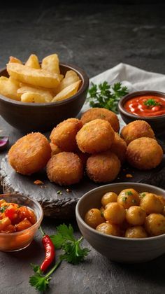 some food is sitting on a table with bowls and sauces