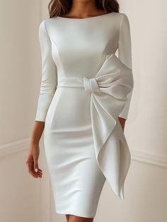 White Bow Boat Neck Three Quarter Sleeve Midi Dress Modern Night Dresses For Women, White Evening Midi Dress With Bow, Romantic Body Type Outfit, Chic Long Sleeve Midi Dress With Bow, Luxury White Dress With 3/4 Sleeves, Elegant A-line Midi Dress With Bow, Chic Off-white Long Sleeve Midi Dress, Classy White Dress, City Wedding Dress