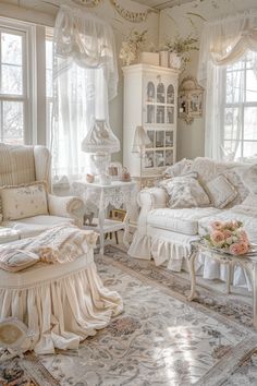 a living room filled with white furniture and lots of windows next to a rug on the floor