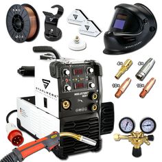 various types of welding equipment are displayed on a white background