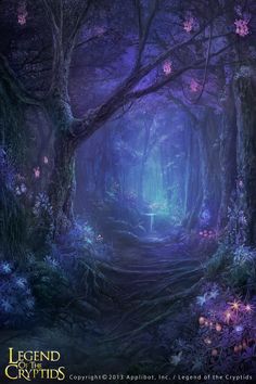 an image of a dark forest with flowers and trees in the foreground, surrounded by purple