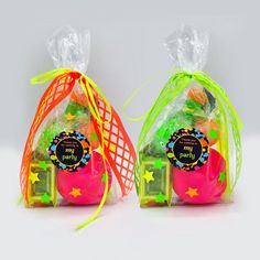 two bags filled with different types of candies