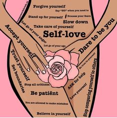 a woman's stomach with the words self love written on it and a pink rose