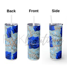 the same blue rose and pearls pattern on this tumbler is shown with two straws