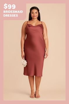 a woman in a red dress with the words $ 99 bridesmaid dresses on it