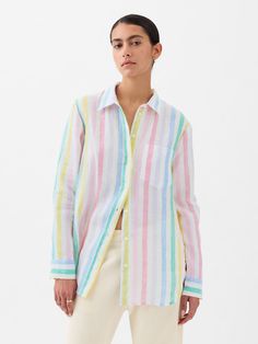 100% Linen Boyfriend Shirt | Gap Gap Linen Summer Shirt, Spring Linen Shirt By Gap, Gap Linen Spring Shirt, Gap Linen Shirt For Spring, Gap Linen Button-up Shirt, Gap Linen Shirt With Relaxed Fit, Gap Relaxed Fit Linen Shirt, Multicolor Linen Tops For Spring, Gap Summer Tops With Spread Collar